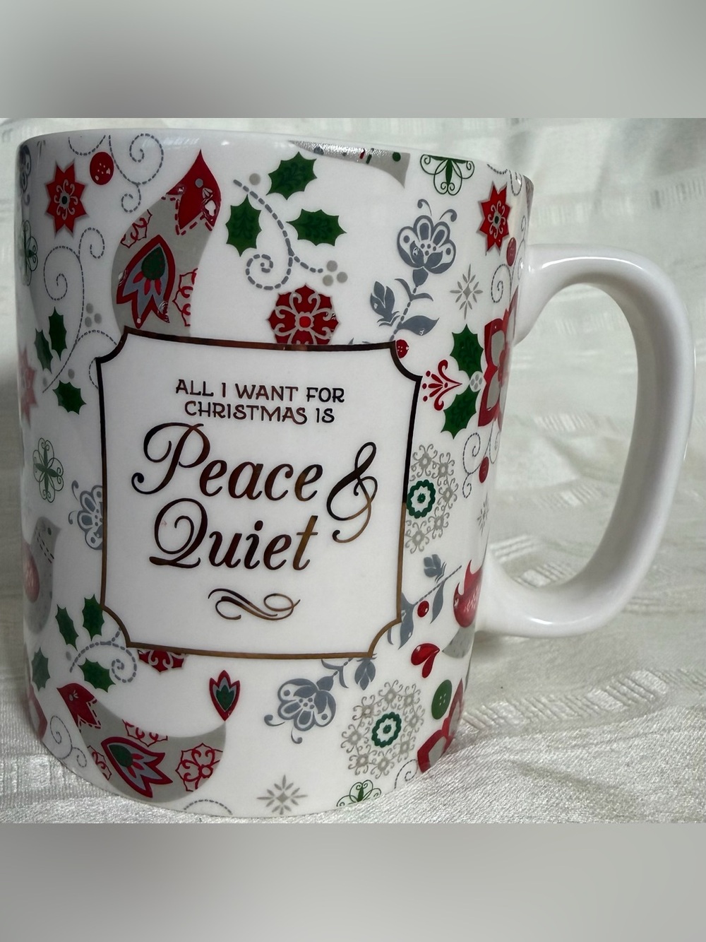 Christmas Peace & Quiet Coffee Mug Holiday Folk Art Birds Jo-Ann Ceramic